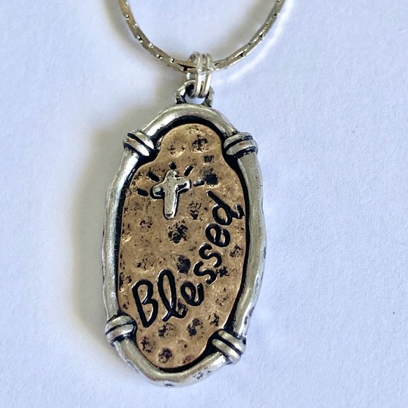 Cross BLESSED Pendant Necklace Copper Silver Plated 18" Christian Message - Picture 3 of 8